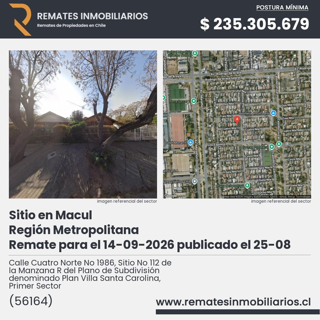 Imagen ficha Calle Cuatro Norte No 1986, Sitio No 112 de la Manzana R del Plano de Subdivisión denominado Plan Villa Santa Carolina, Primer Sector