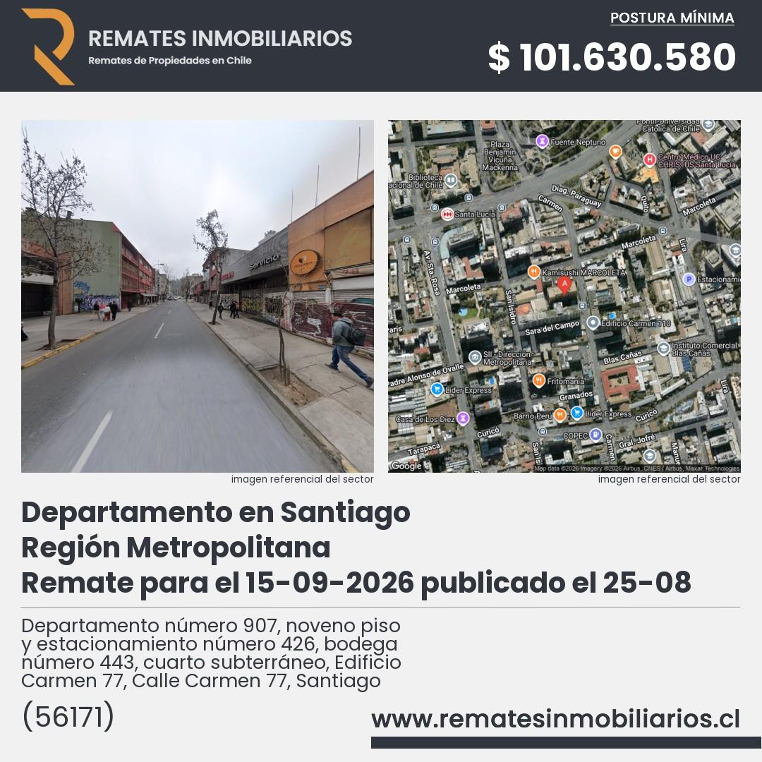 Imagen ficha Departamento número 907, noveno piso y estacionamiento número 426, bodega número 443, cuarto subterráneo, Edificio Carmen 77, Calle Carmen 77, Santiago