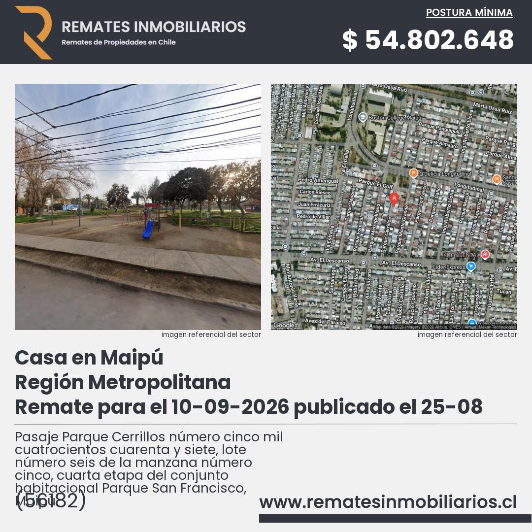 Imagen ficha Pasaje Parque Cerrillos número cinco mil cuatrocientos cuarenta y siete, lote número seis de la manzana número cinco, cuarta etapa del conjunto habitacional Parque San Francisco, Maipú