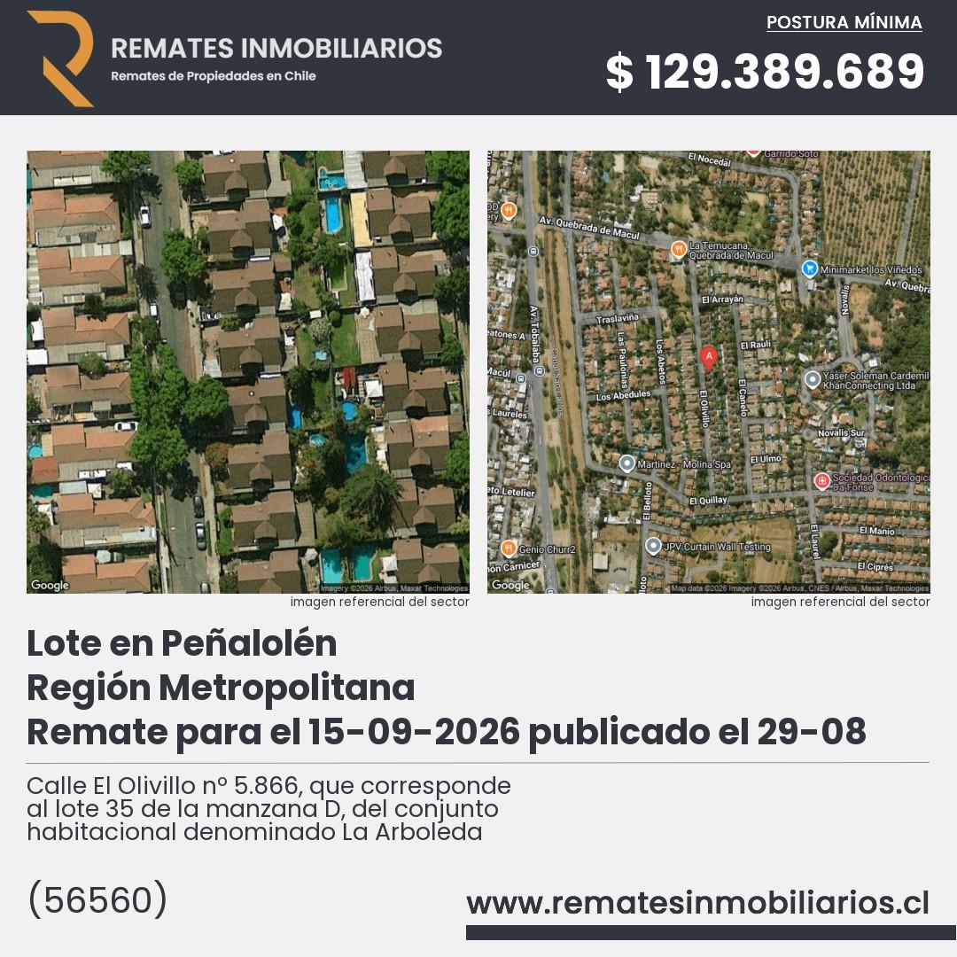 Imagen ficha Calle El Olivillo nº 5.866, que corresponde al lote 35 de la manzana D, del conjunto habitacional denominado La Arboleda
