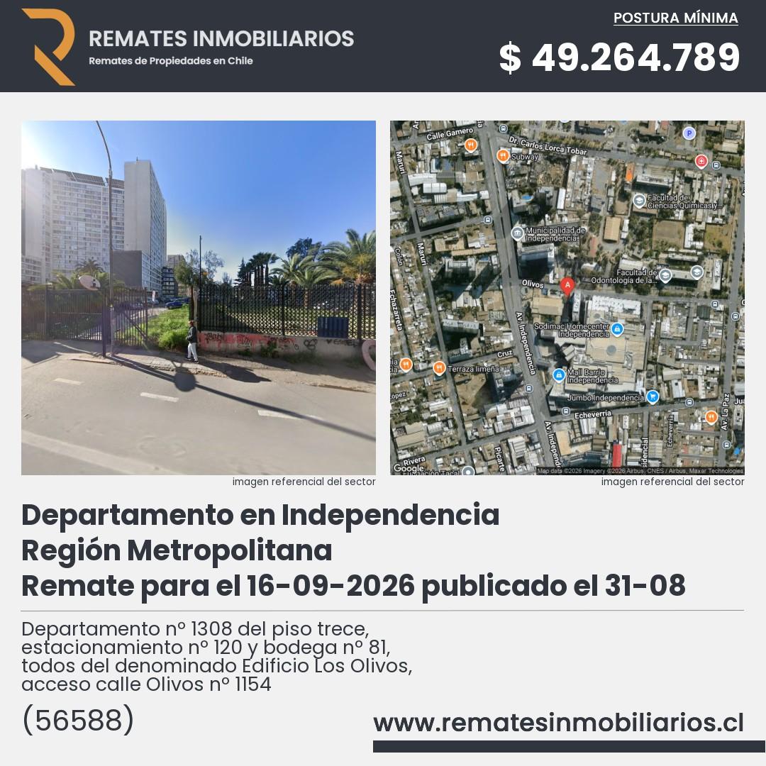 Imagen ficha Departamento nº 1308 del piso trece, estacionamiento nº 120 y bodega nº 81, todos del denominado Edificio Los Olivos, acceso calle Olivos nº 1154