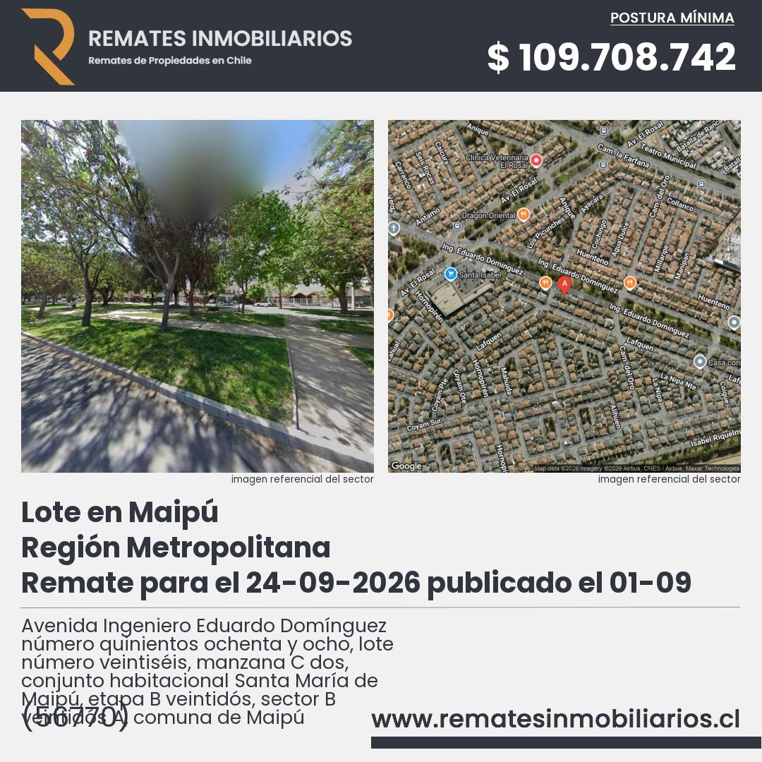Imagen ficha Avenida Ingeniero Eduardo Domínguez número quinientos ochenta y ocho, lote número veintiséis, manzana C dos, conjunto habitacional Santa María de Maipú, etapa B veintidós, sector B veintidós A, comuna de Maipú