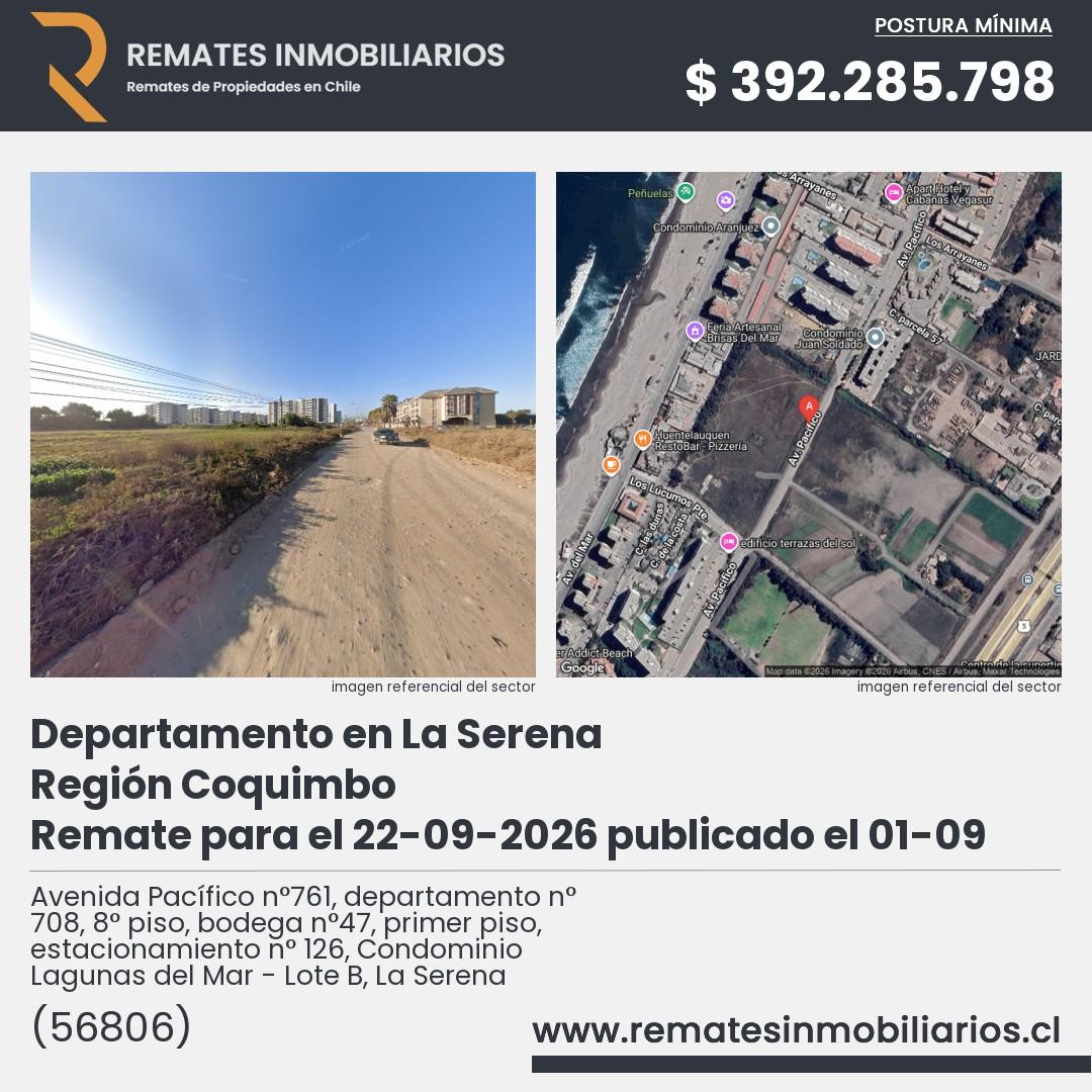 Imagen ficha Avenida Pacífico n°761, departamento n° 708, 8° piso, bodega n°47, primer piso, estacionamiento n° 126, Condominio Lagunas del Mar - Lote B, La Serena