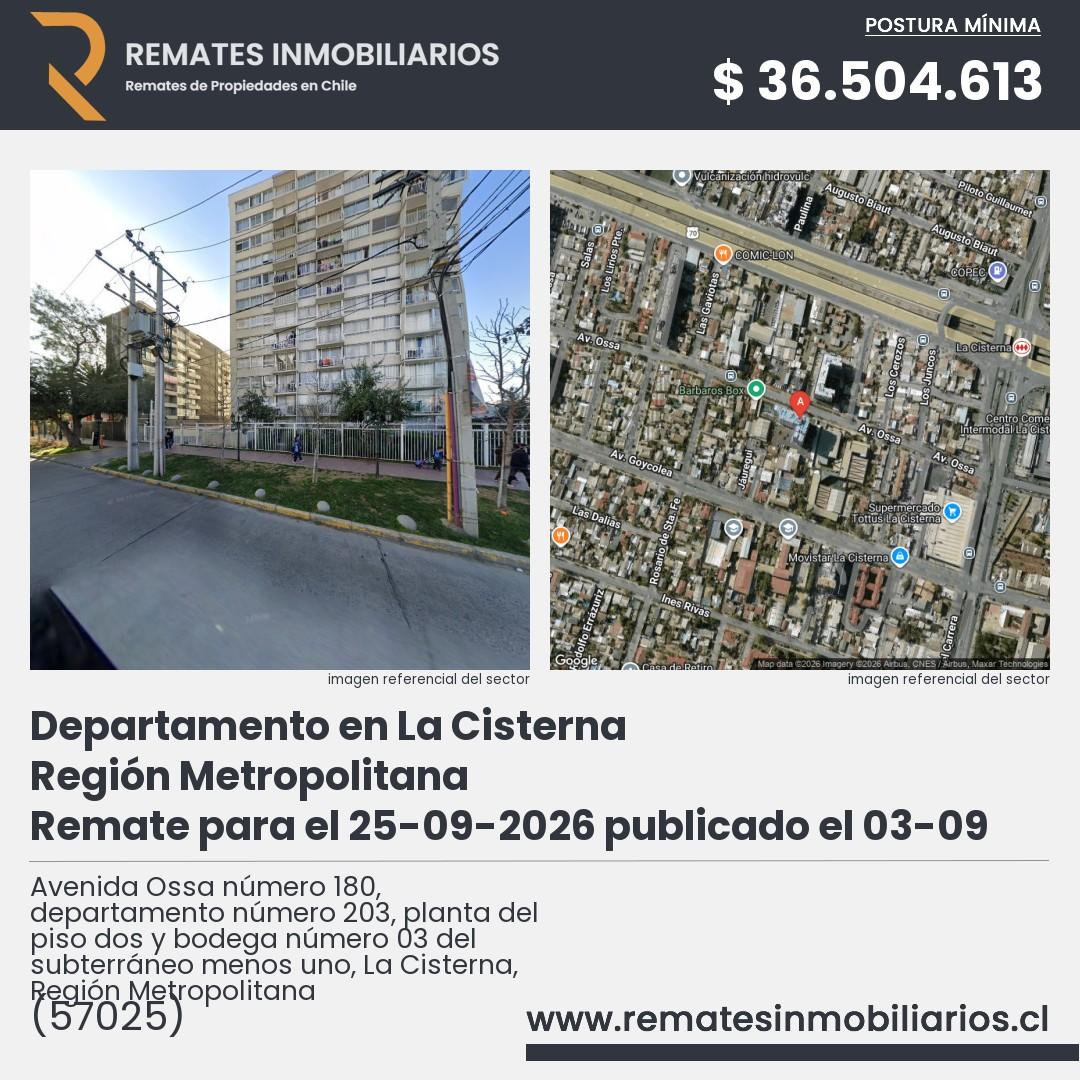 Imagen ficha Avenida Ossa número 180, departamento número 203, planta del piso dos y bodega número 03 del subterráneo menos uno, La Cisterna, Región Metropolitana