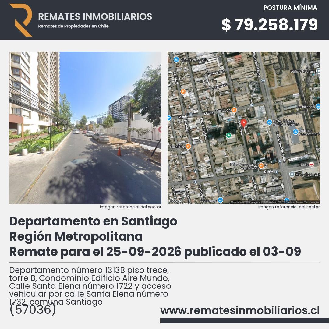 Imagen ficha Departamento número 1313B piso trece, torre B, Condominio Edificio Aire Mundo, Calle Santa Elena número 1722 y acceso vehicular por calle Santa Elena número 1732, comuna Santiago