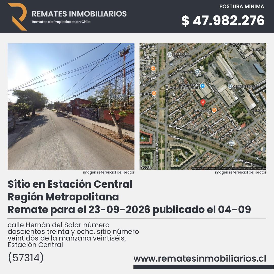 Imagen ficha calle Hernán del Solar número doscientos treinta y ocho, sitio número veintidós de la manzana veintiséis, Estación Central
