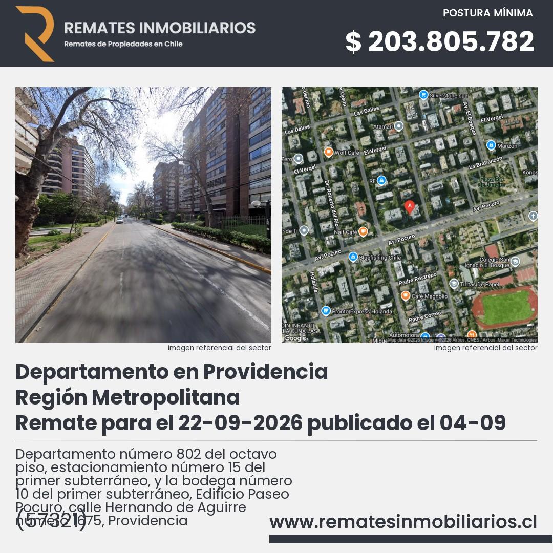 Imagen ficha Departamento número 802 del octavo piso, estacionamiento número 15 del primer subterráneo, y la bodega número 10 del primer subterráneo, Edificio Paseo Pocuro, calle Hernando de Aguirre número 1675, Providencia
