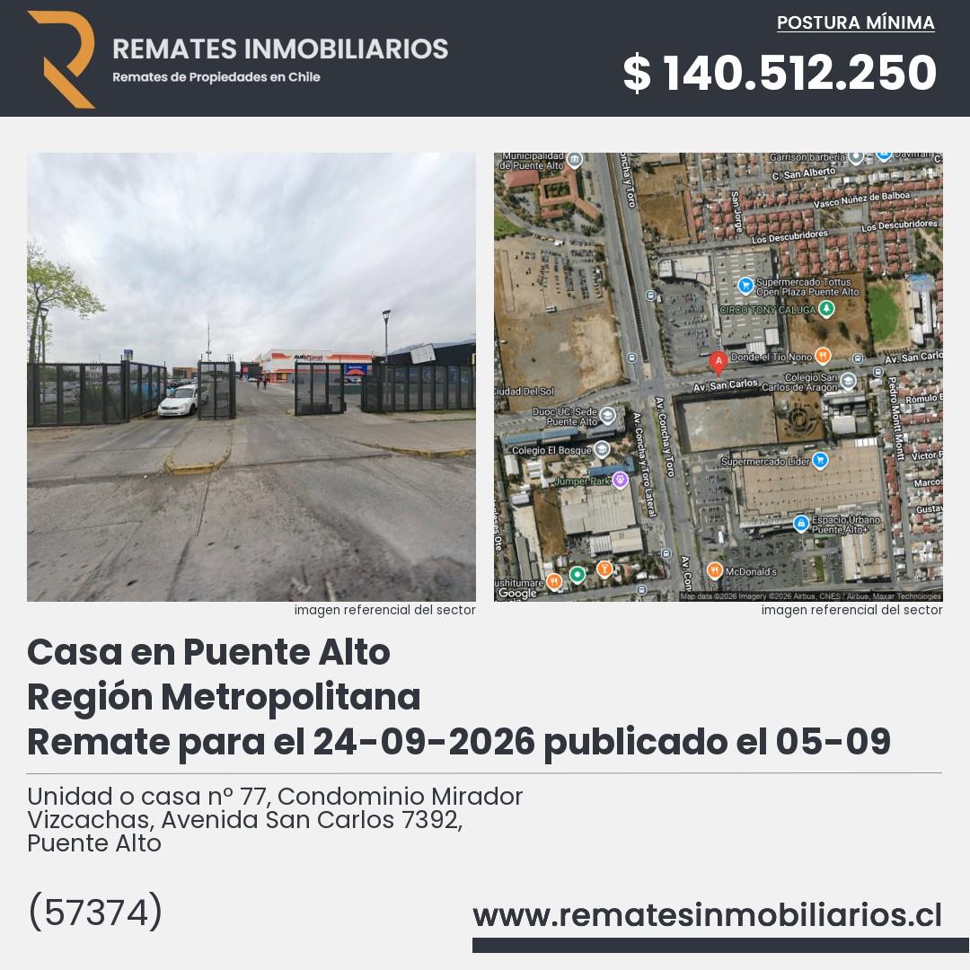 Imagen ficha Unidad o casa nº 77, Condominio Mirador Vizcachas, Avenida San Carlos 7392, Puente Alto