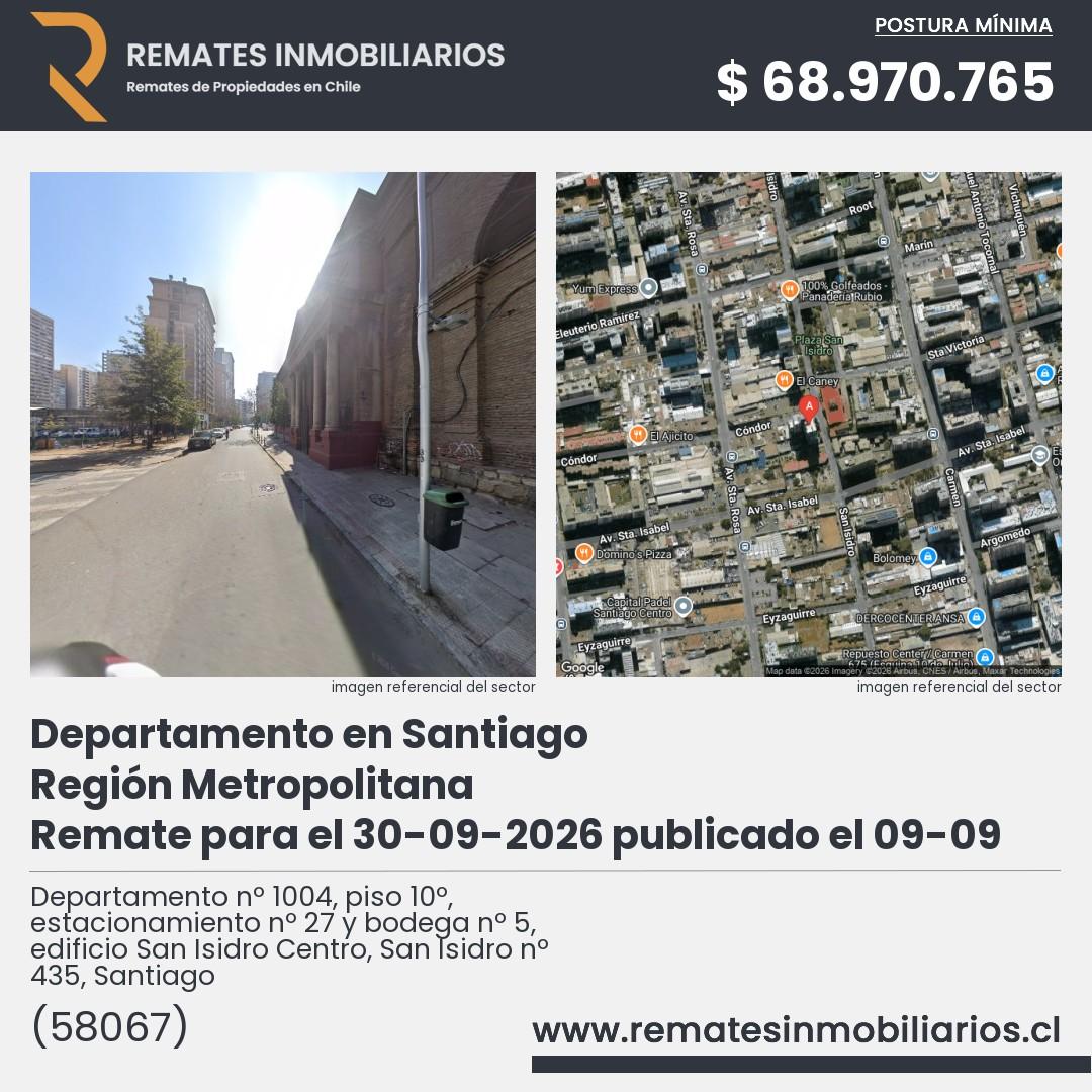 Imagen ficha Departamento nº 1004, piso 10º, estacionamiento nº 27 y bodega nº 5, edificio San Isidro Centro, San Isidro nº 435, Santiago