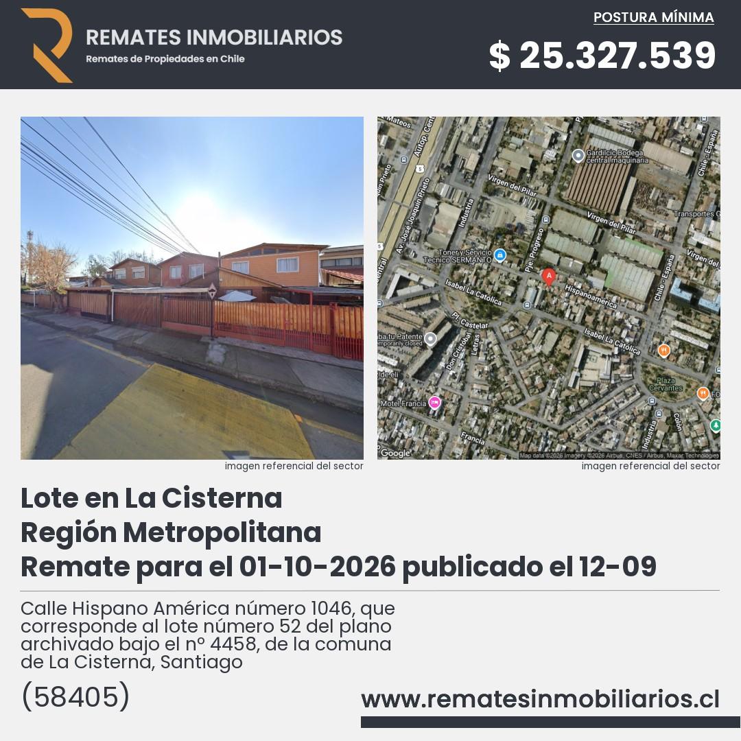 Imagen ficha Calle Hispano América número 1046, que corresponde al lote número 52 del plano archivado bajo el nº 4458, de la comuna de La Cisterna, Santiago