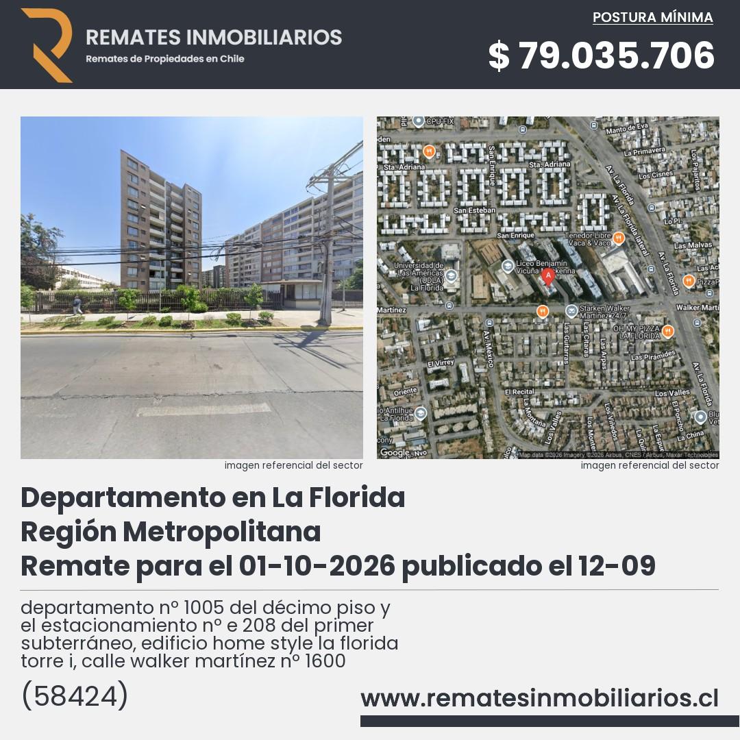 Imagen ficha departamento nº 1005 del décimo piso y el estacionamiento nº e 208 del primer subterráneo, edificio home style la florida torre i, calle walker martínez nº 1600