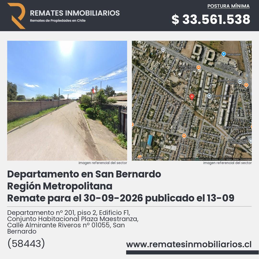Imagen ficha Departamento nº 201, piso 2, Edificio F1, Conjunto Habitacional Plaza Maestranza, Calle Almirante Riveros nº 01055, San Bernardo