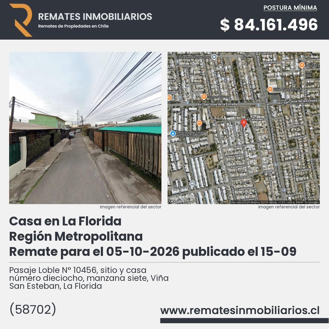 Imagen ficha Pasaje Loble N° 10456, sitio y casa número dieciocho, manzana siete, Viña San Esteban, La Florida