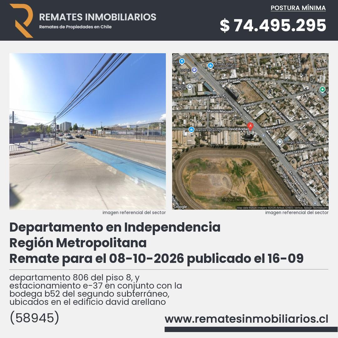 Imagen ficha departamento 806 del piso 8, y estacionamiento e-37 en conjunto con la bodega b52 del segundo subterráneo, ubicados en el edificio david arellano