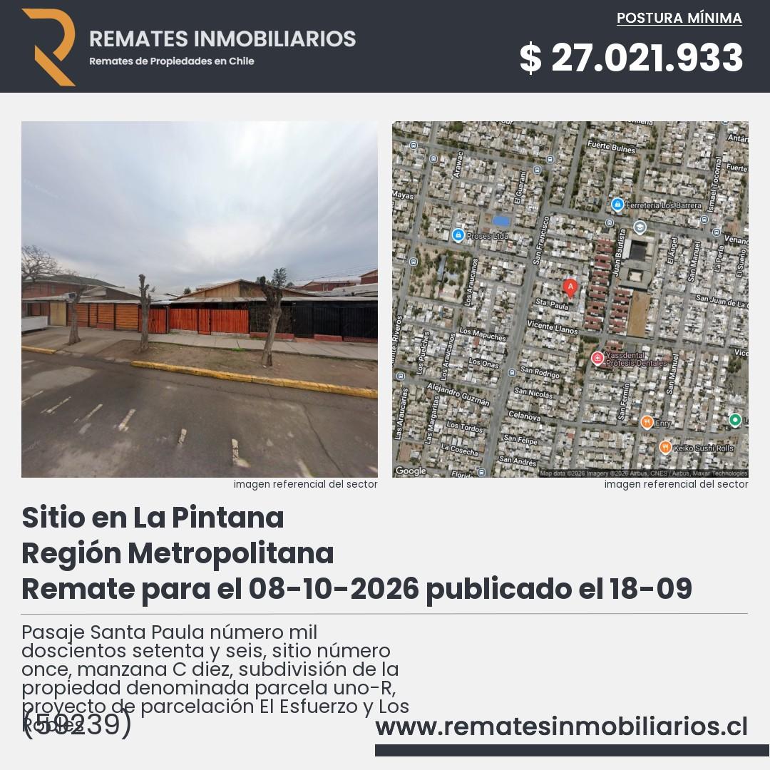 Imagen ficha Pasaje Santa Paula número mil doscientos setenta y seis, sitio número once, manzana C diez, subdivisión de la propiedad denominada parcela uno-R, proyecto de parcelación El Esfuerzo y Los Robles