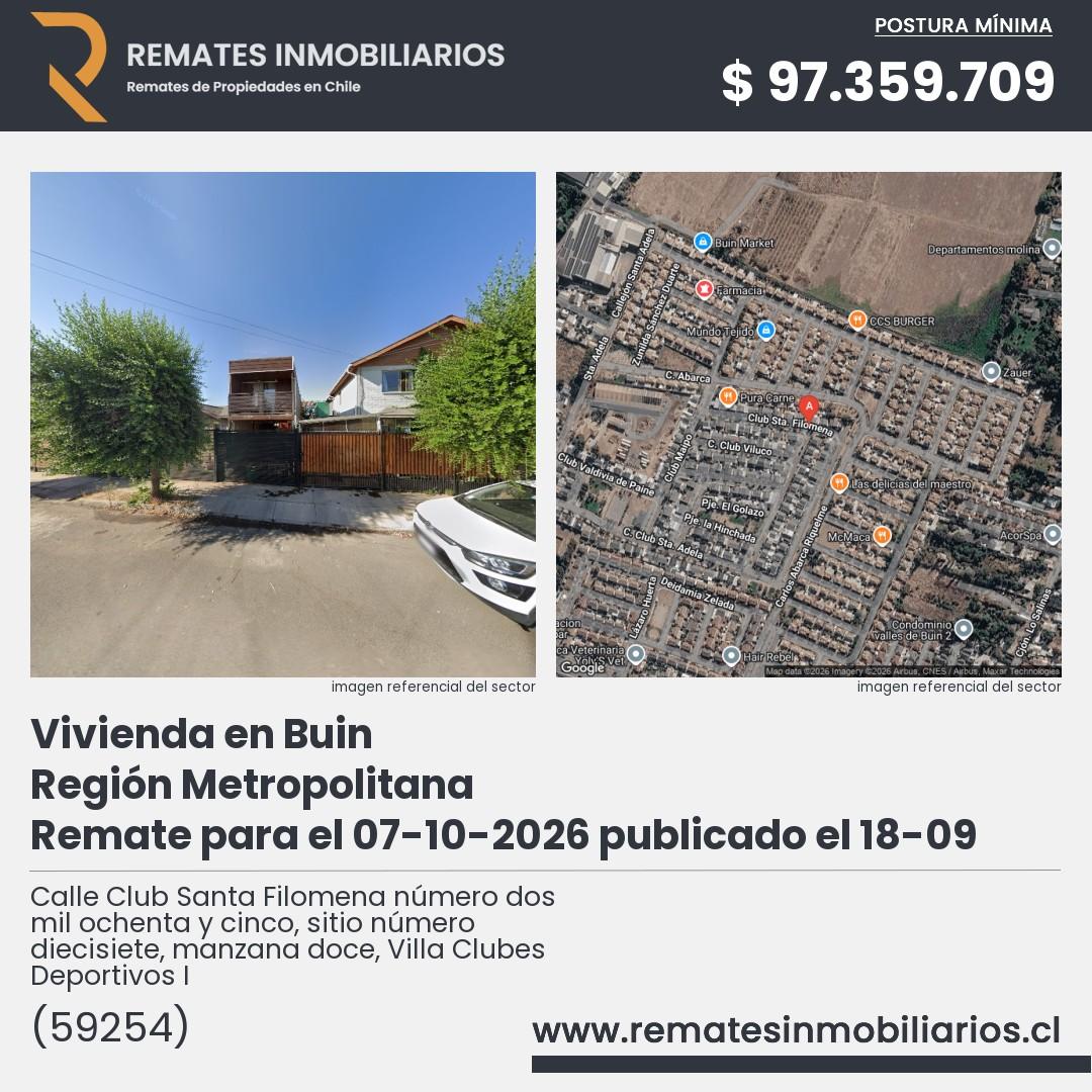Imagen ficha Calle Club Santa Filomena número dos mil ochenta y cinco, sitio número diecisiete, manzana doce, Villa Clubes Deportivos I