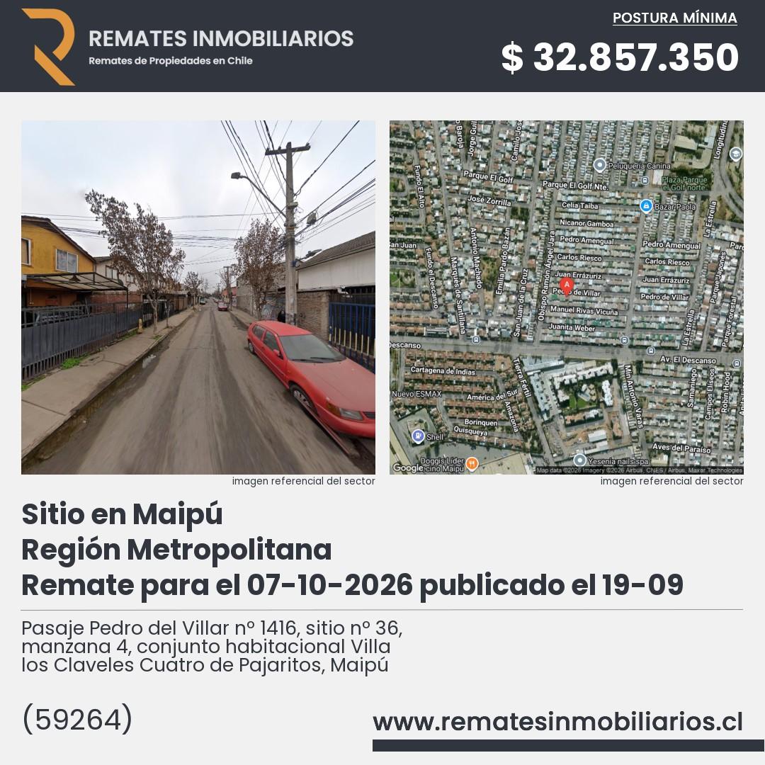 Imagen ficha Pasaje Pedro del Villar nº 1416, sitio nº 36, manzana 4, conjunto habitacional Villa los Claveles Cuatro de Pajaritos, Maipú
