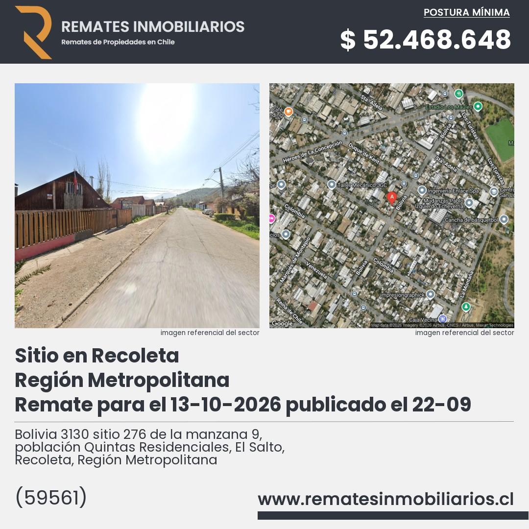 Imagen ficha Bolivia 3130 sitio 276 de la manzana 9, población Quintas Residenciales, El Salto, Recoleta, Región Metropolitana