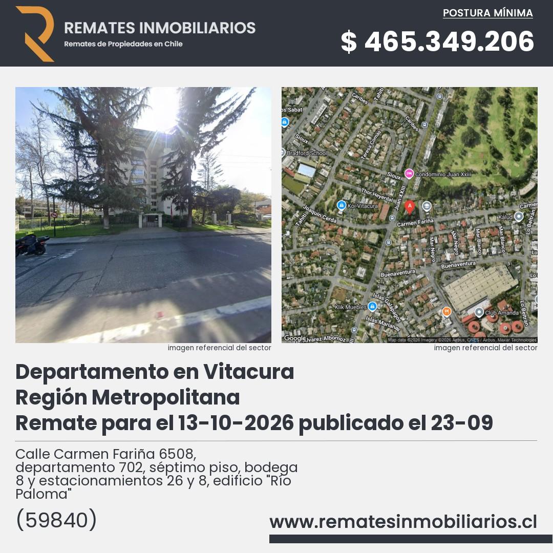 Imagen ficha Calle Carmen Fariña 6508, departamento 702, séptimo piso, bodega 8 y estacionamientos 26 y 8, edificio "Río Paloma"