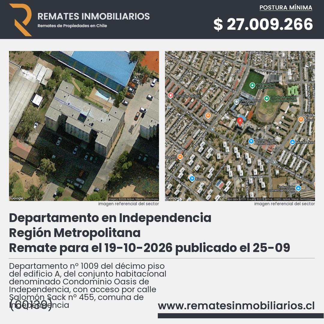Imagen ficha Departamento nº 1009 del décimo piso del edificio A, del conjunto habitacional denominado Condominio Oasis de Independencia, con acceso por calle Salomón Sack nº 455, comuna de Independencia