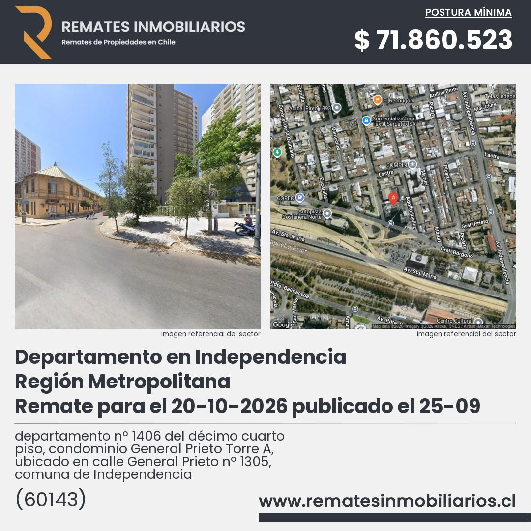 Imagen ficha departamento nº 1406 del décimo cuarto piso, condominio General Prieto Torre A, ubicado en calle General Prieto nº 1305, comuna de Independencia