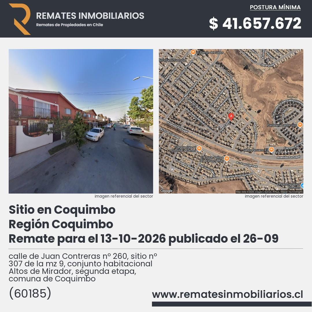 Imagen ficha calle de Juan Contreras nº 260, sitio nº 307 de la mz 9, conjunto habitacional Altos de Mirador, segunda etapa, comuna de Coquimbo
