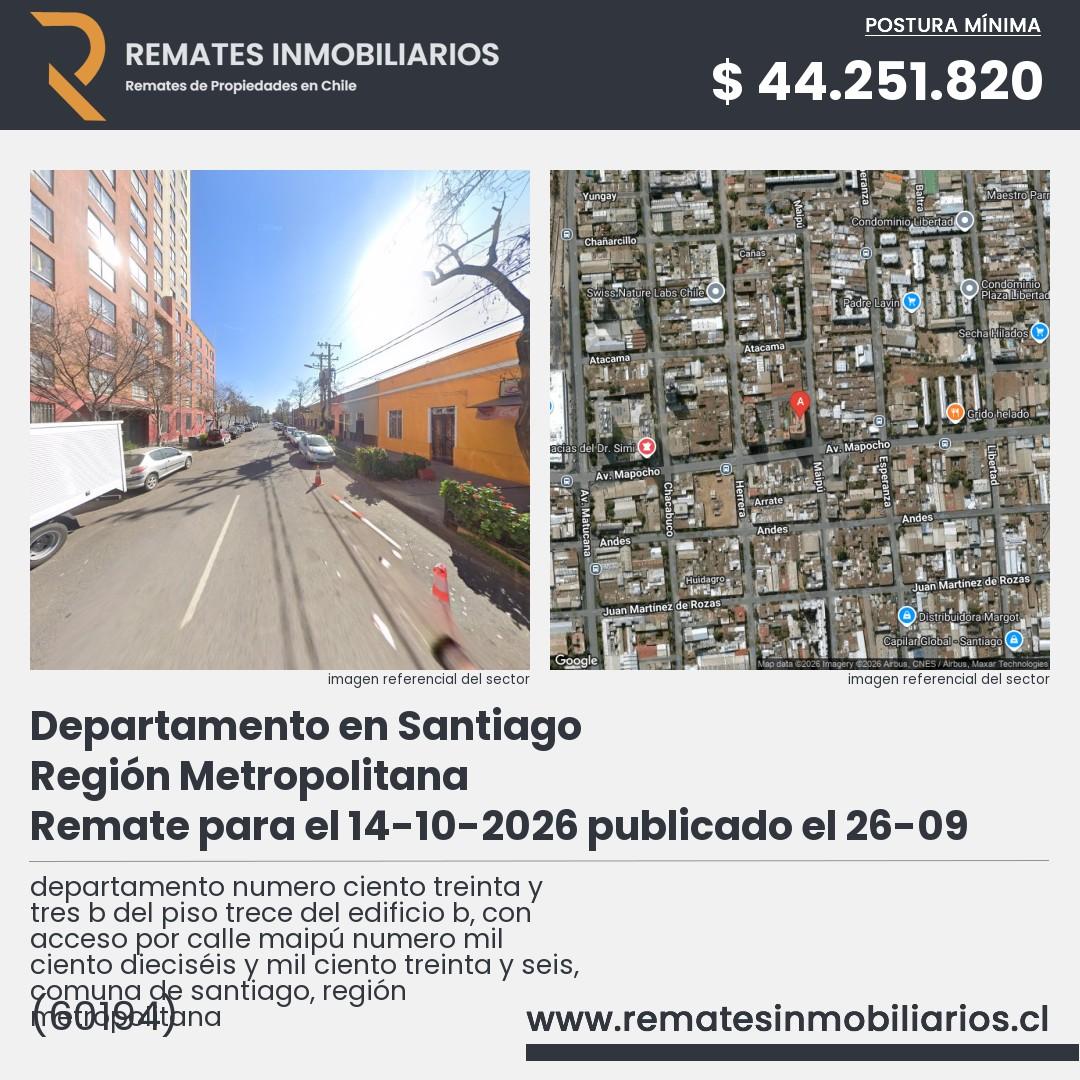 Imagen ficha departamento numero ciento treinta y tres b del piso trece del edificio b, con acceso por calle maipú numero mil ciento dieciséis y mil ciento treinta y seis, comuna de santiago, región metropolitana