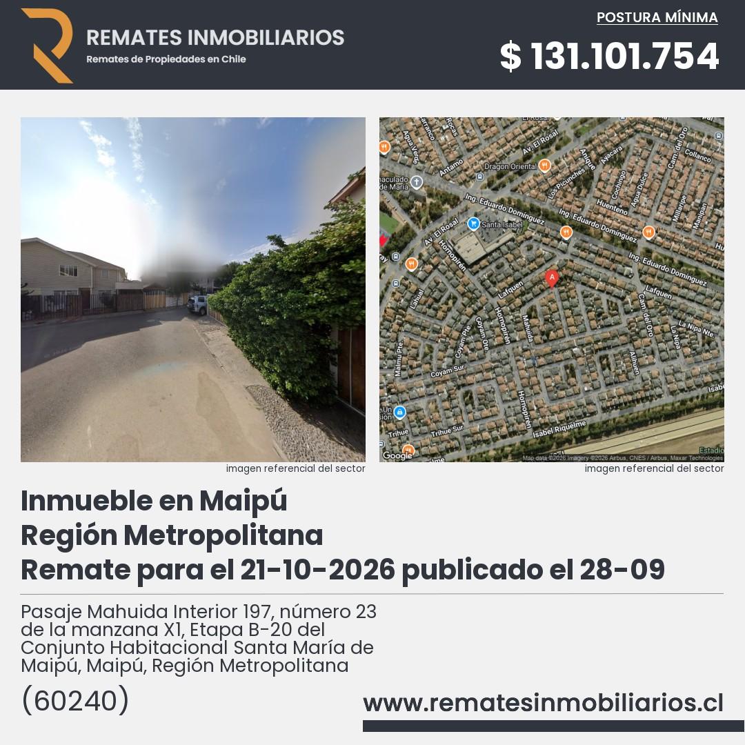 Imagen ficha Pasaje Mahuida Interior 197, número 23 de la manzana X1, Etapa B-20 del Conjunto Habitacional Santa María de Maipú, Maipú, Región Metropolitana