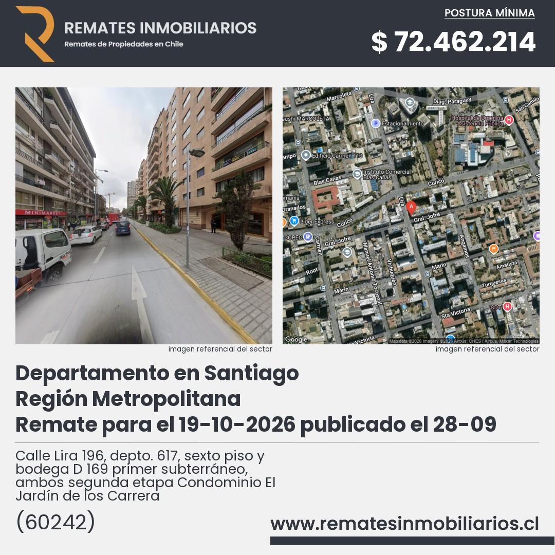 Imagen ficha Calle Lira 196, depto. 617, sexto piso y bodega D 169 primer subterráneo, ambos segunda etapa Condominio El Jardín de los Carrera