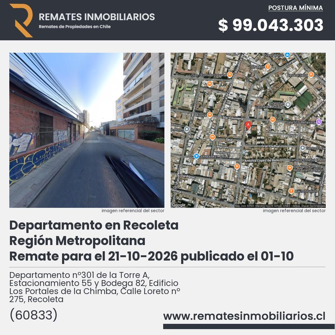Imagen ficha Departamento nº301 de la Torre A, Estacionamiento 55 y Bodega 82, Edificio Los Portales de la Chimba, Calle Loreto nº 275, Recoleta