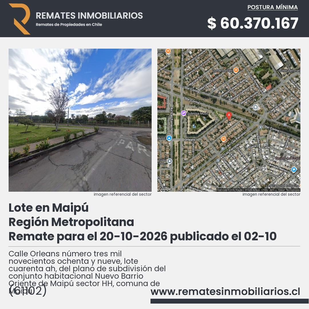 Imagen ficha Calle Orleans número tres mil novecientos ochenta y nueve, lote cuarenta ah, del plano de subdivisión del conjunto habitacional Nuevo Barrio Oriente de Maipú sector HH, comuna de Maipú