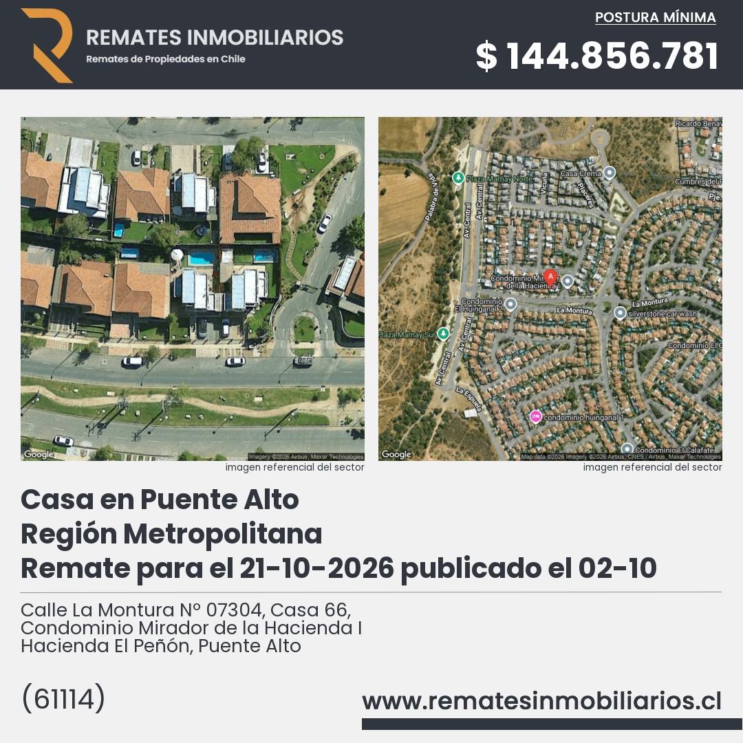 Imagen ficha Calle La Montura Nº 07304, Casa 66, Condominio Mirador de la Hacienda I Hacienda El Peñón, Puente Alto
