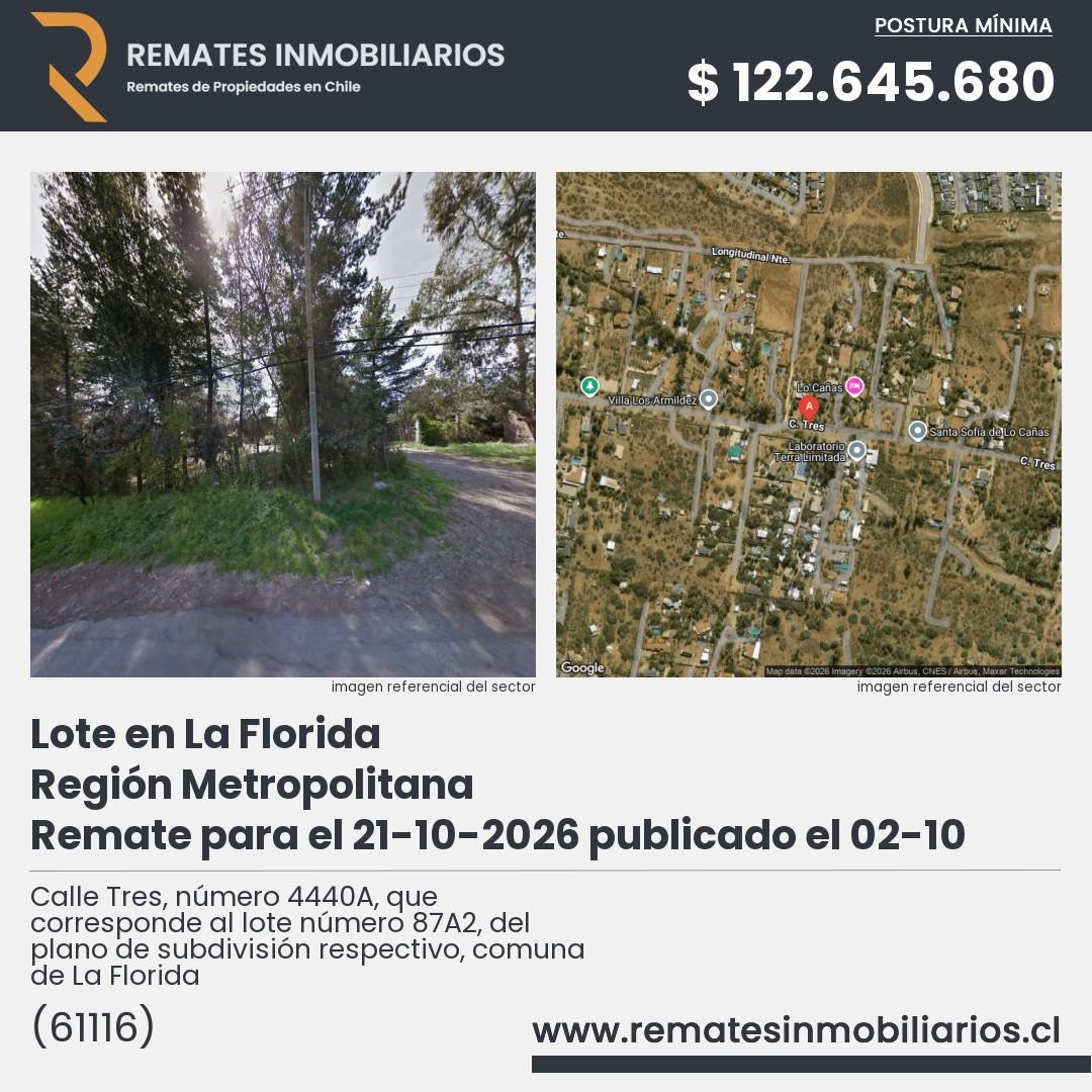 Imagen ficha Calle Tres, número 4440A, que corresponde al lote número 87A2, del plano de subdivisión respectivo, comuna de La Florida