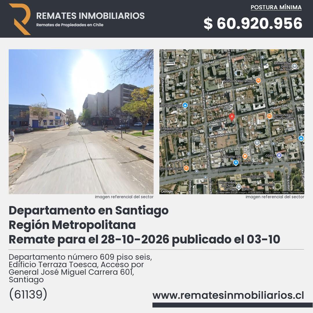 Imagen ficha Departamento número 609 piso seis, Edificio Terraza Toesca, Acceso por General José Miguel Carrera 601, Santiago