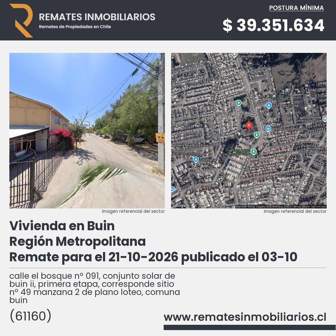Imagen ficha calle el bosque nº 091, conjunto solar de buin ii, primera etapa, corresponde sitio nº 49 manzana 2 de plano loteo, comuna buin