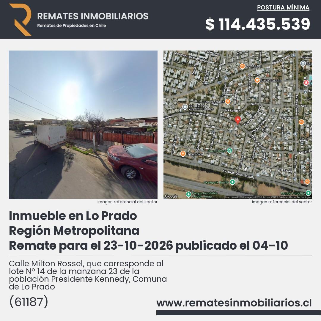 Imagen ficha Calle Milton Rossel, que corresponde al lote Nº 14 de la manzana 23 de la población Presidente Kennedy, Comuna de Lo Prado