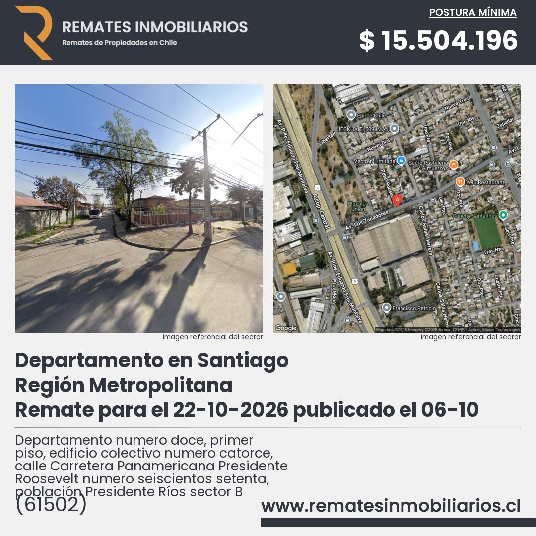 Imagen ficha Departamento numero doce, primer piso, edificio colectivo numero catorce, calle Carretera Panamericana Presidente Roosevelt numero seiscientos setenta, población Presidente Ríos sector B