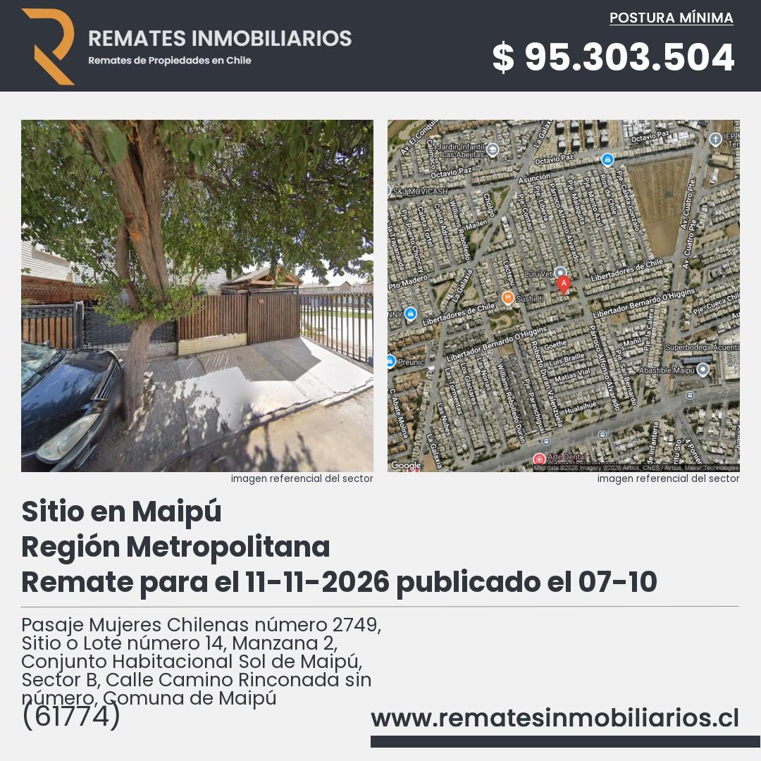 Imagen ficha Pasaje Mujeres Chilenas número 2749, Sitio o Lote número 14, Manzana 2, Conjunto Habitacional Sol de Maipú, Sector B, Calle Camino Rinconada sin número, Comuna de Maipú