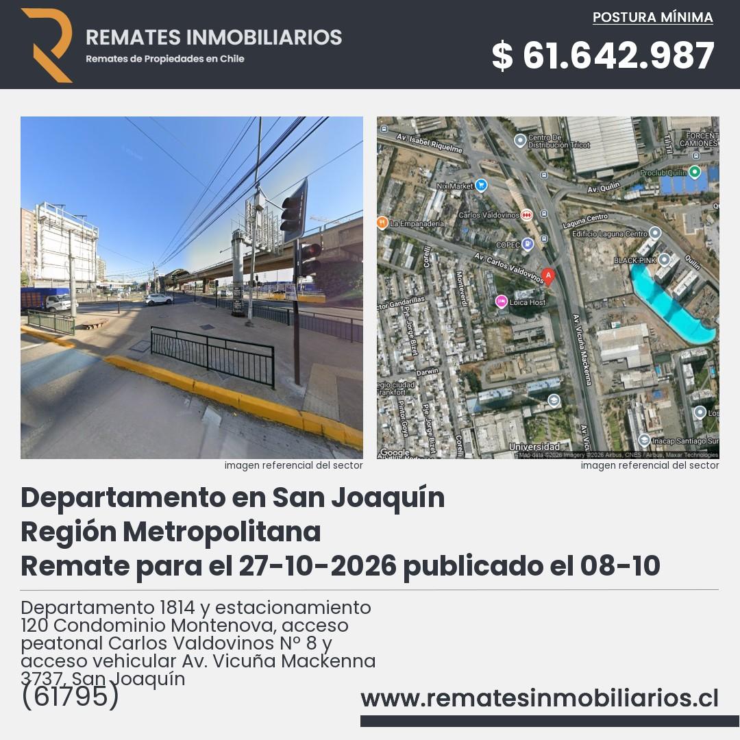 Imagen ficha Departamento 1814 y estacionamiento 120 Condominio Montenova, acceso peatonal Carlos Valdovinos Nº 8 y acceso vehicular Av. Vicuña Mackenna 3737, San Joaquín
