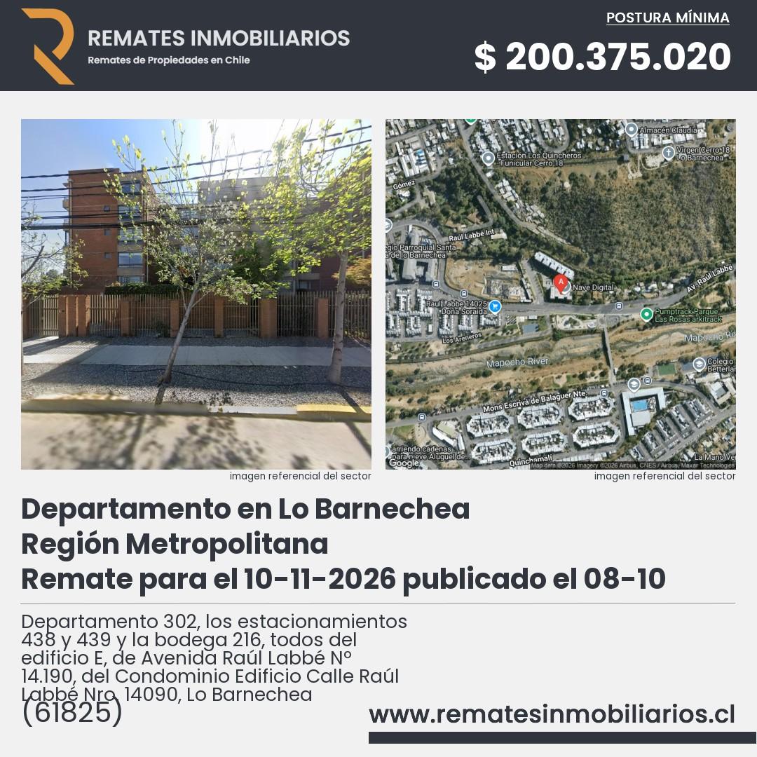 Imagen ficha Departamento 302, los estacionamientos 438 y 439 y la bodega 216, todos del edificio E, de Avenida Raúl Labbé Nº 14.190, del Condominio Edificio Calle Raúl Labbé Nro. 14090, Lo Barnechea