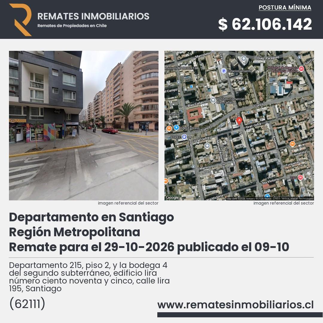 Imagen ficha Departamento 215, piso 2, y la bodega 4 del segundo subterráneo, edificio lira número ciento noventa y cinco, calle lira 195, Santiago