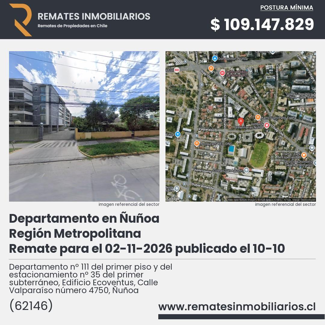 Imagen ficha Departamento nº 111 del primer piso y del estacionamiento nº 35 del primer subterráneo, Edificio Ecoventus, Calle Valparaíso número 4750, Ñuñoa