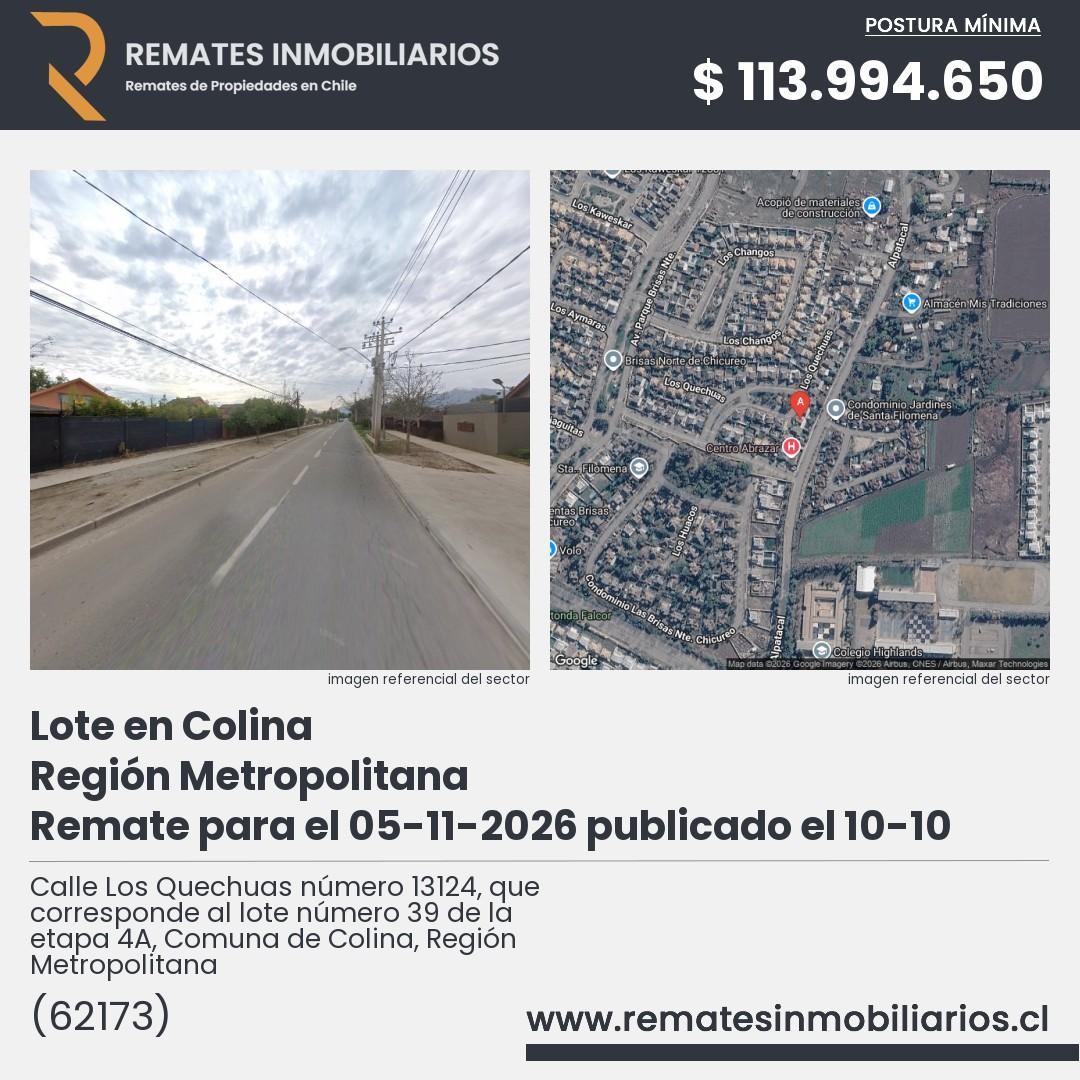 Imagen ficha Calle Los Quechuas número 13124, que corresponde al lote número 39 de la etapa 4A, Comuna de Colina, Región Metropolitana