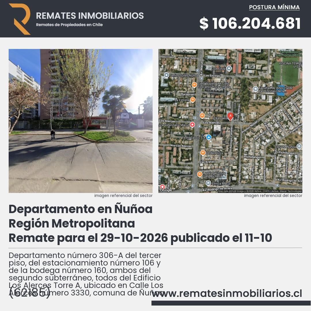 Imagen ficha Departamento número 306-A del tercer piso, del estacionamiento número 106 y de la bodega número 160, ambos del segundo subterráneo, todos del Edificio Los Alerces Torre A, ubicado en Calle Los Alerces número 3330, comuna de Ñuñoa
