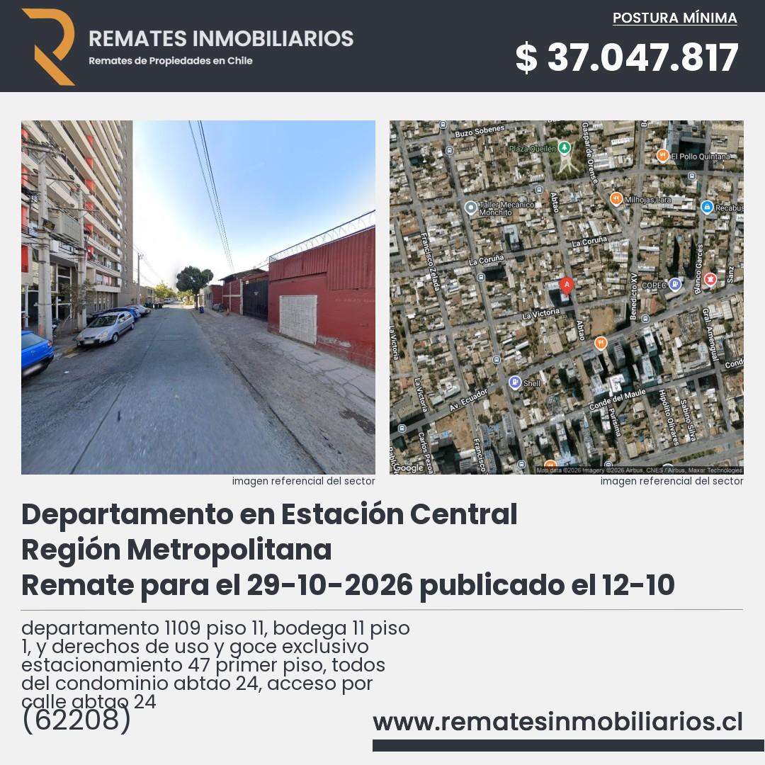 Imagen ficha departamento 1109 piso 11, bodega 11 piso 1, y derechos de uso y goce exclusivo estacionamiento 47 primer piso, todos del condominio abtao 24, acceso por calle abtao 24