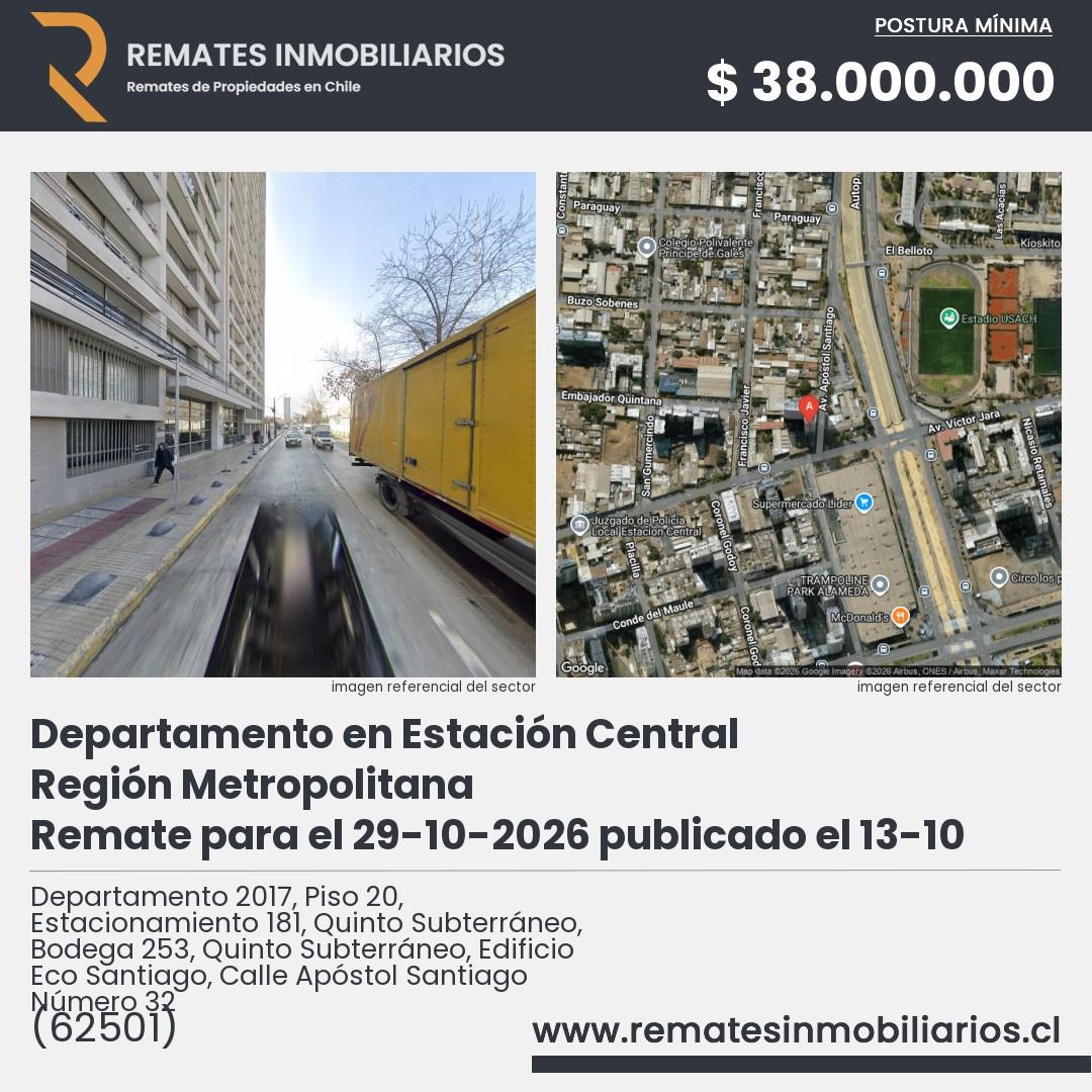 Imagen ficha Departamento 2017, Piso 20, Estacionamiento 181, Quinto Subterráneo, Bodega 253, Quinto Subterráneo, Edificio Eco Santiago, Calle Apóstol Santiago Número 32