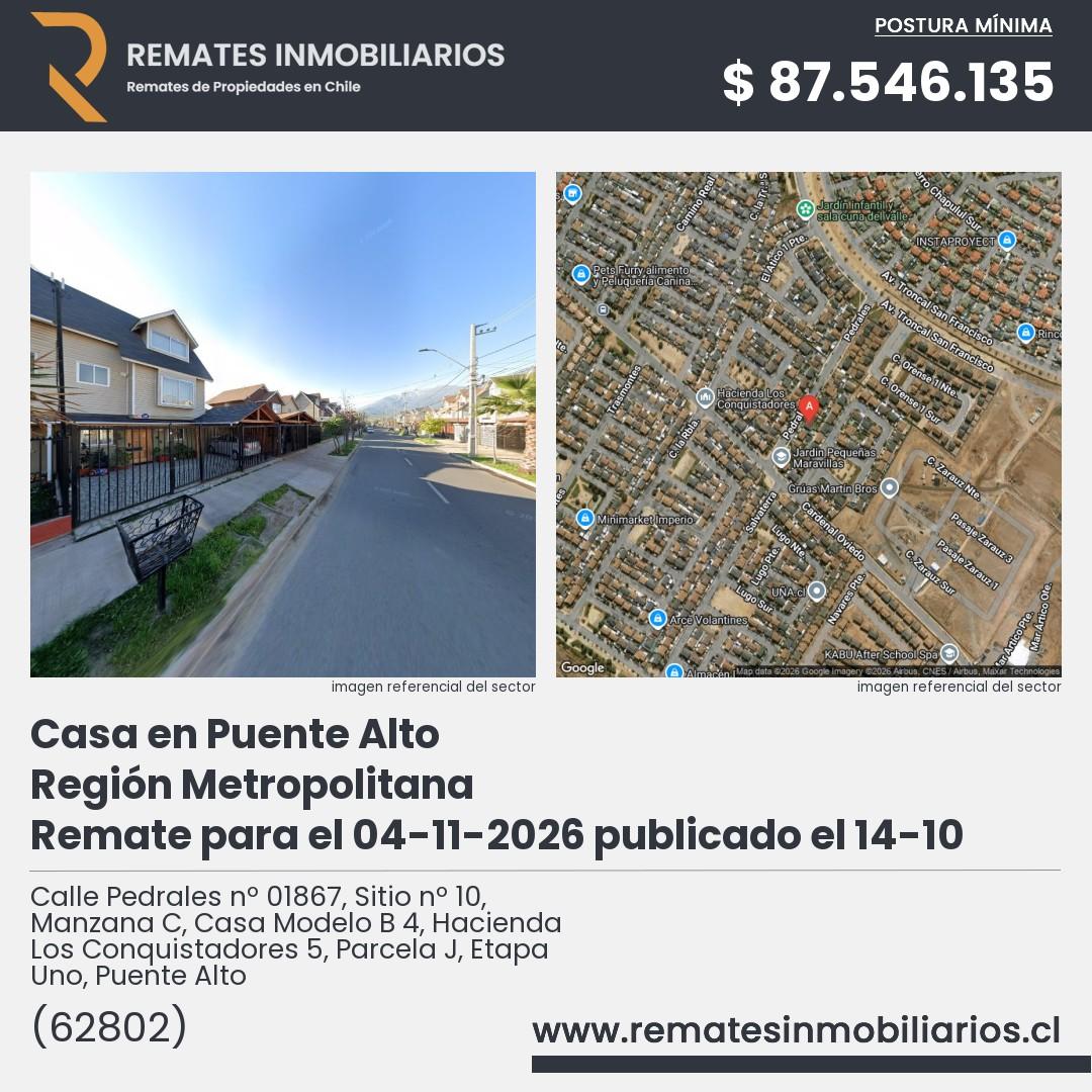 Imagen ficha Calle Pedrales nº 01867, Sitio nº 10, Manzana C, Casa Modelo B 4, Hacienda Los Conquistadores 5, Parcela J, Etapa Uno, Puente Alto