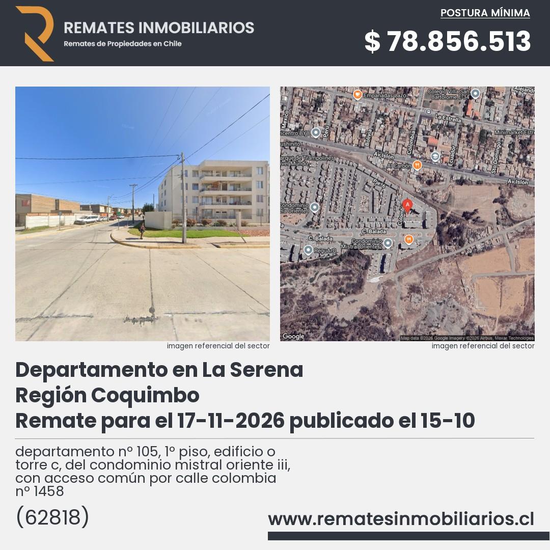 Imagen ficha departamento nº 105, 1º piso, edificio o torre c, del condominio mistral oriente iii, con acceso común por calle colombia nº 1458