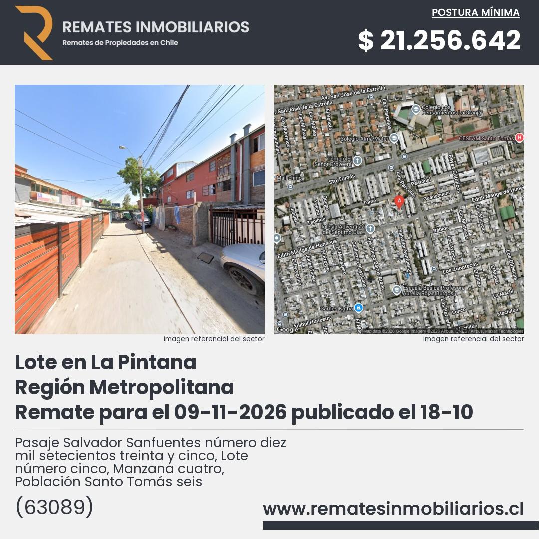 Imagen ficha Pasaje Salvador Sanfuentes número diez mil setecientos treinta y cinco, Lote número cinco, Manzana cuatro, Población Santo Tomás seis