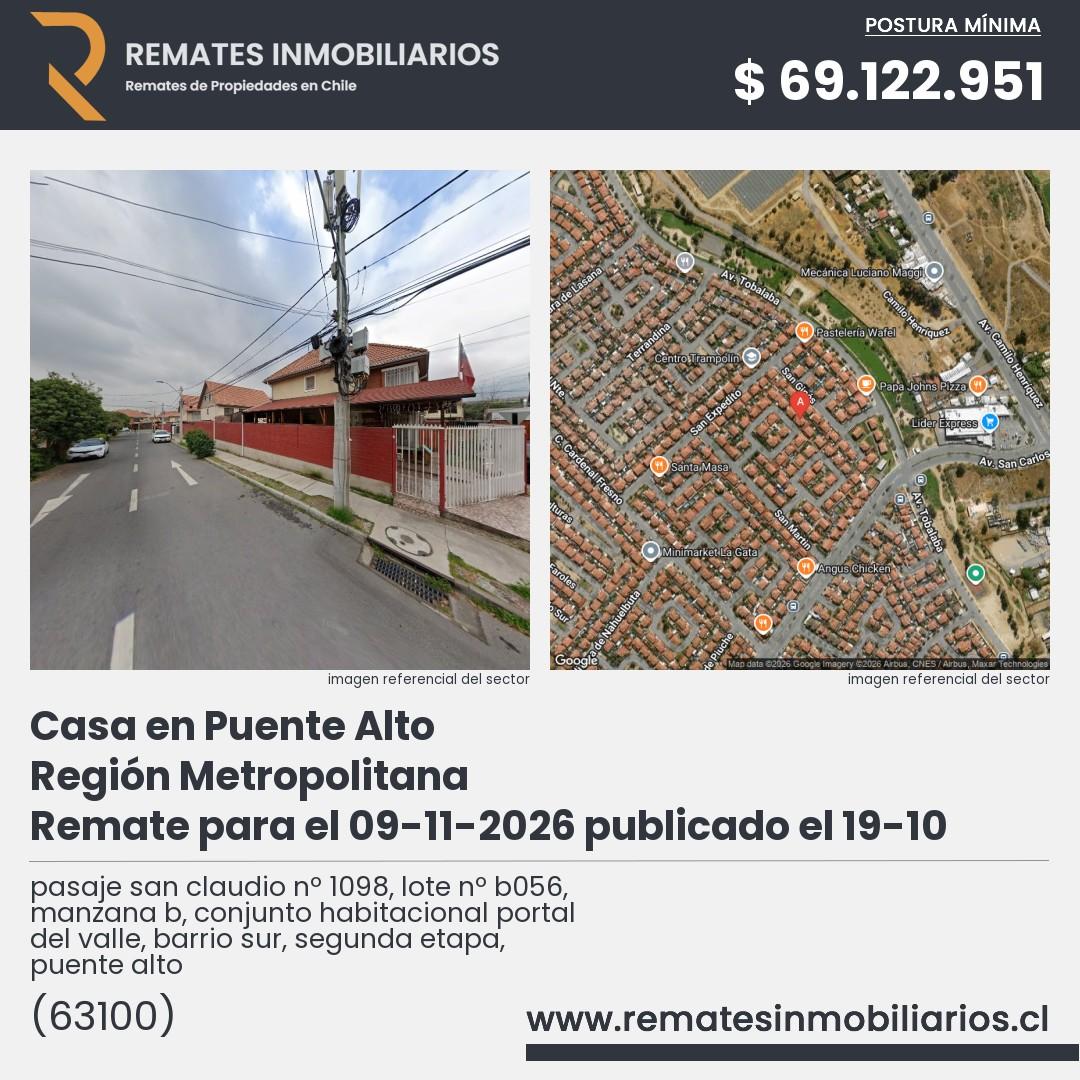 Imagen ficha pasaje san claudio nº 1098, lote nº b056, manzana b, conjunto habitacional portal del valle, barrio sur, segunda etapa, puente alto